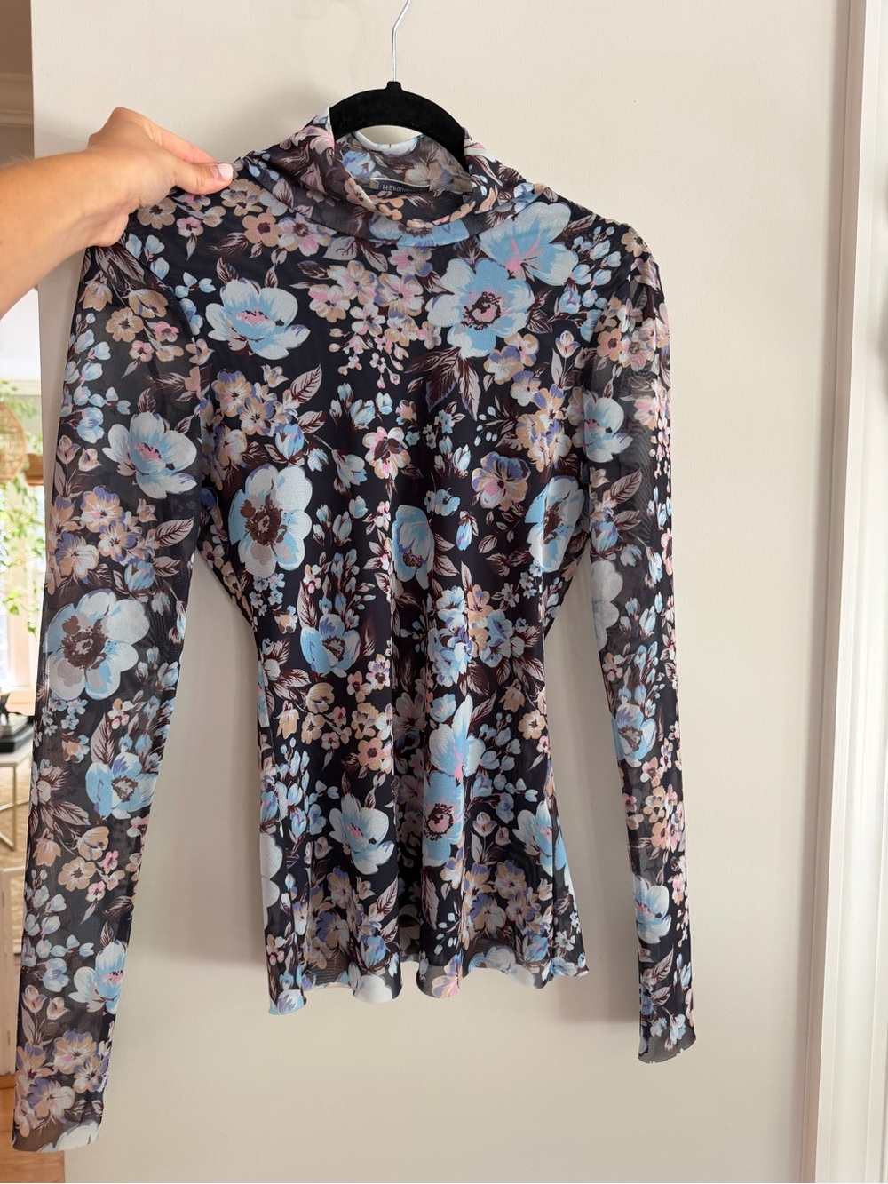 Floral Mesh Turtleneck Long Sleeve Top